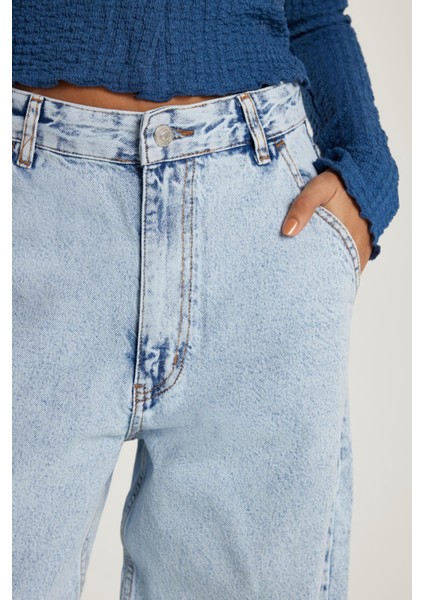 Kadın Regular Fit Yan Cepli Baggy Balon Mavi Jean Kot Pantolon fiyatları