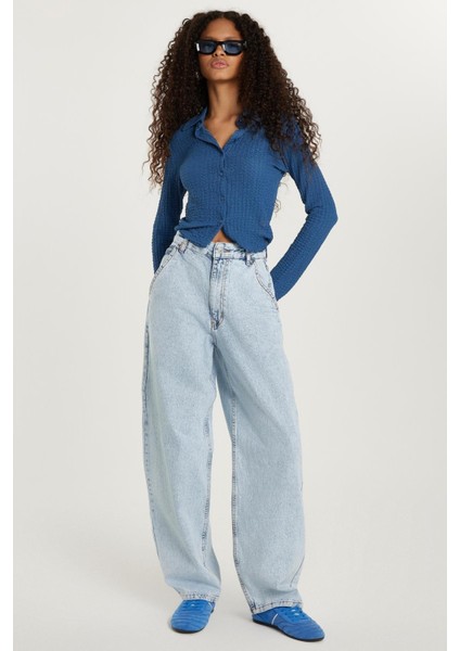 Kadın Regular Fit Yan Cepli Baggy Balon Mavi Jean Kot Pantolon fırsatları