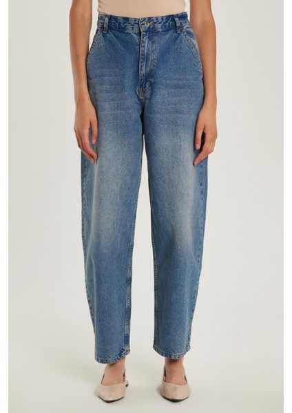 Kadın Regular Fit Yan Cepli Baggy Balon Mavi Jean Kot Pantolon
