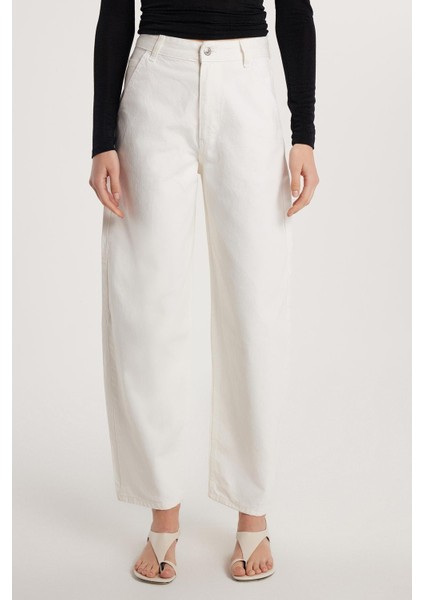 Kadın Regular Fit Yan Cepli Baggy Balon Beyaz Jean Kot Pantolon