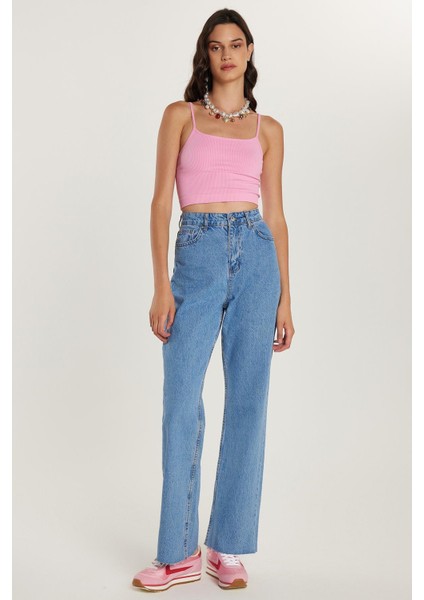 Kadın Regular Fit Cepli Geniş Paça Mavi Jean Kot Pantolon modelleri