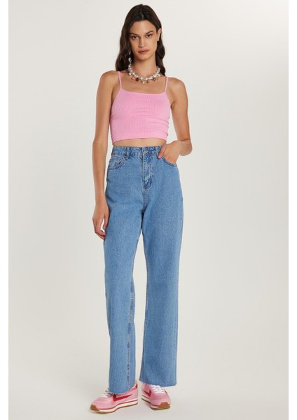 Kadın Regular Fit Cepli Geniş Paça Mavi Jean Kot Pantolon fırsatları