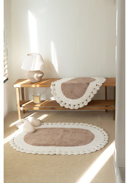 Bianca Desenli Krem Banyo Paspası Takımı %100 Pamuk El Dokuma Yumuşak Emici 40x60 ve 60x90 cm