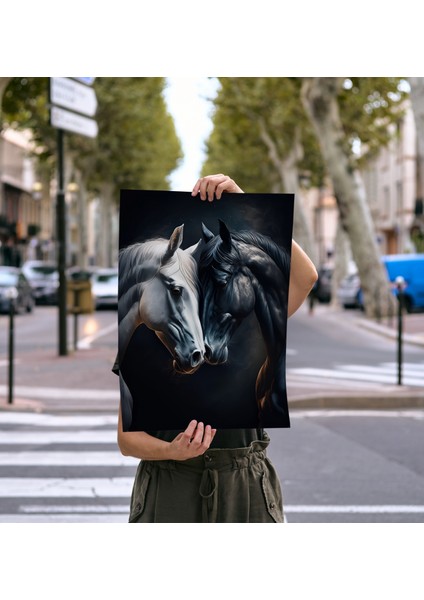 Çerçevesiz Poster, Dijital Baskı, Siyah ve Beyaz At , Ofis Salon Dekorasyon, Sevgili Eş Çift Posteri