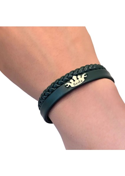 14 Ayar Altın Plakalı Seda Ismine Özel Doğal Koyu Yeşil Derili Taç Figürlü Hediye BILEKLIK-641ISIM fırsatları