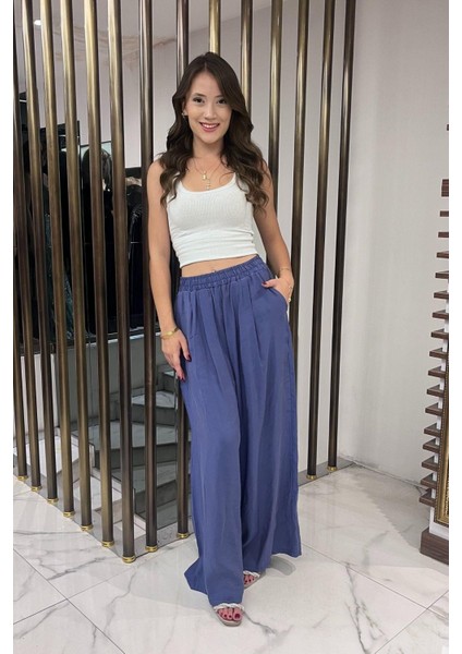 Kadın Beli Lastikli Cepli Lyocell Palazzo Pantolon