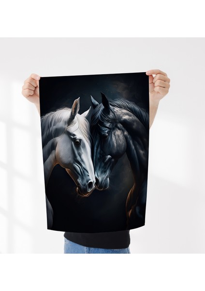 Çerçevesiz Poster, Dijital Baskı, Siyah ve Beyaz At , Ofis Salon Dekorasyon, Sevgili Eş Çift Posteri