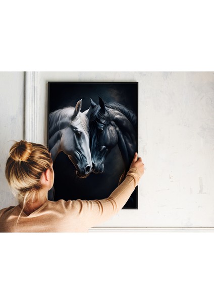 Çerçevesiz Poster, Dijital Baskı, Siyah ve Beyaz At , Ofis Salon Dekorasyon, Sevgili Eş Çift Posteri