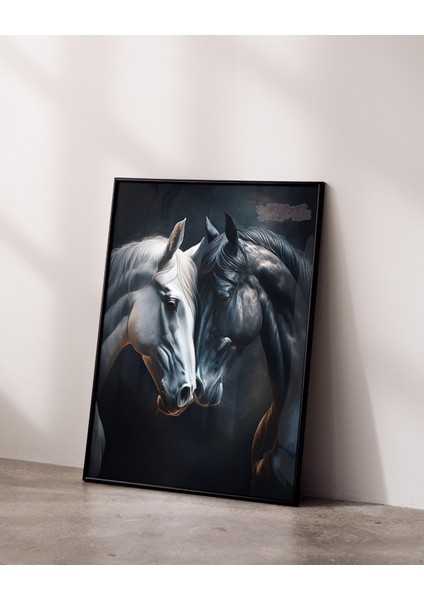 Çerçevesiz Poster, Dijital Baskı, Siyah ve Beyaz At , Ofis Salon Dekorasyon, Sevgili Eş Çift Posteri