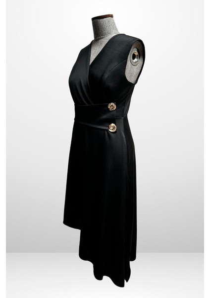 Kadın Kruvaze Yaka Düğme Detaylı Asimetrik Büyük Beden Krep Saten Elbise fiyatları