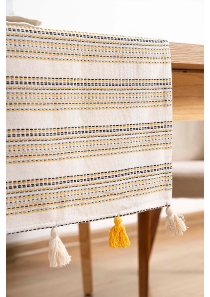 Ruffle Püsküllü Pamuklu Ham Keten Runner 50X130 cm