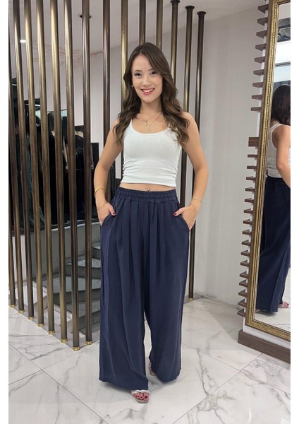 Kadın Beli Lastikli Cepli Lyocell Palazzo Pantolon