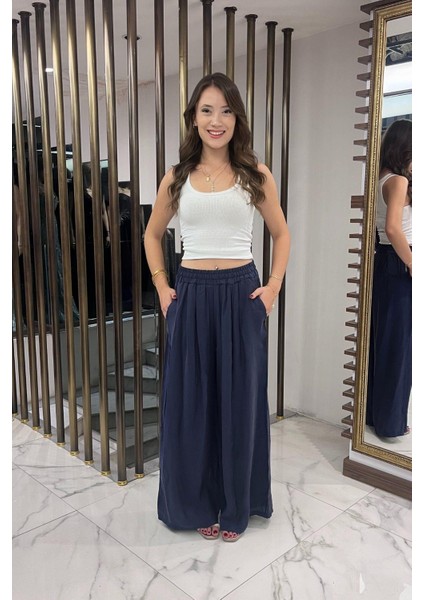 Kadın Beli Lastikli Cepli Lyocell Palazzo Pantolon modelleri