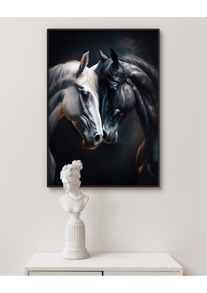 Metal Çerçeveli Gerçek Camlı Tablo, Dijital Baskı, Tablo, Siyah ve Beyaz At, Sevgili Eş Çift Tablosu