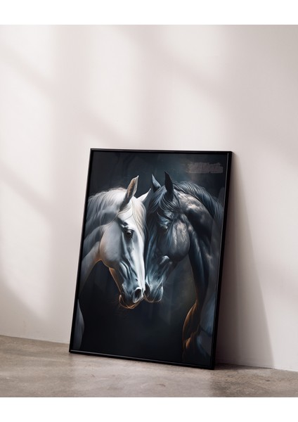 Metal Çerçeveli Gerçek Camlı Tablo, Dijital Baskı, Tablo, Siyah ve Beyaz At, Sevgili Eş Çift Tablosu fiyatları