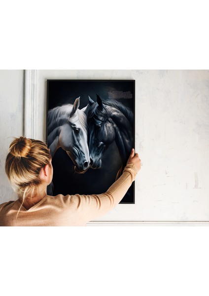 Metal Çerçeveli Gerçek Camlı Tablo, Dijital Baskı, Tablo, Siyah ve Beyaz At, Sevgili Eş Çift Tablosu fırsatları