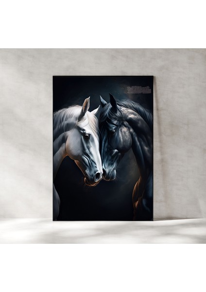 Metal Çerçeveli Gerçek Camlı Tablo, Dijital Baskı, Tablo, Siyah ve Beyaz At, Sevgili Eş Çift Tablosu