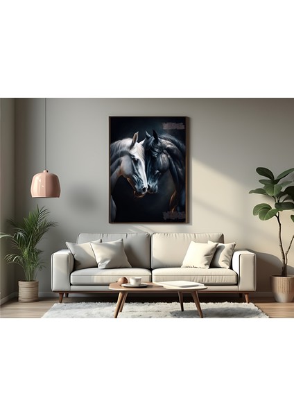 Metal Çerçeveli Gerçek Camlı Tablo, Dijital Baskı, Tablo, Siyah ve Beyaz At, Sevgili Eş Çift Tablosu