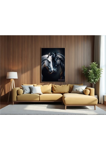 Metal Çerçeveli Gerçek Camlı Tablo, Dijital Baskı, Tablo, Siyah ve Beyaz At, Sevgili Eş Çift Tablosu