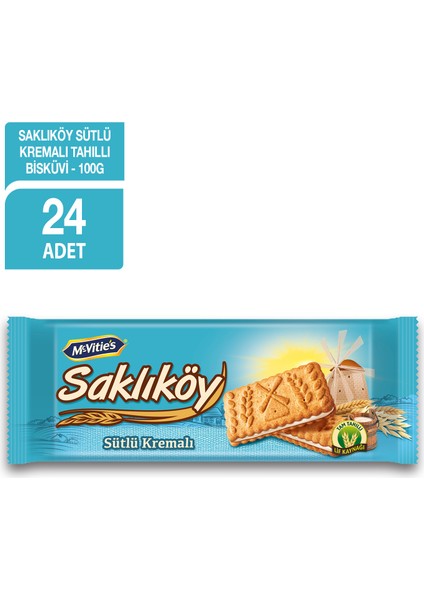 Saklıköy Sütlü Kremalı Bisküvi 100 gr x 24 Adet Gevrek ve Lezzetli Tahıllı Atıştırmalık