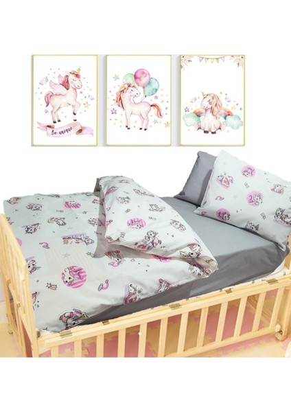 Bebek Çocuk Nevresim Takımı Unicorn Desenli %100 Pamuklu