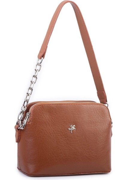 Kadın Omuz ve Çapraz Zincirli ve Uzun Çift Askılı (20X15 Cm) Taba Victoria