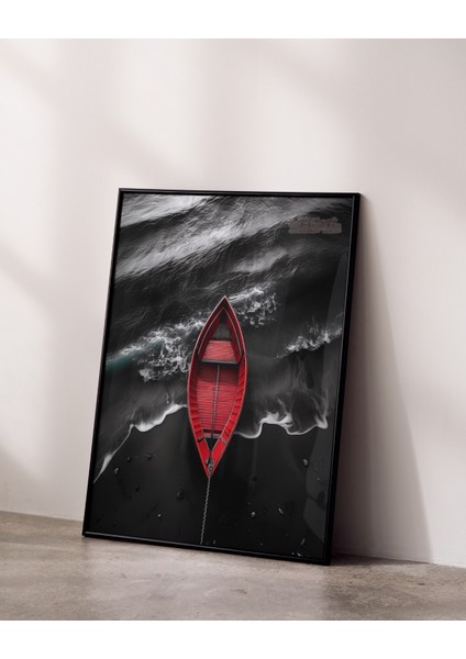 Çerçevesiz Poster, Dijital Baskı, Denizde Kırmızı Kayık , Ofis Salon Dekorasyon , Poster