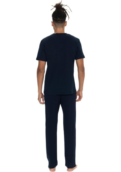 Erkek Lacivert Bisiklet Yaka Kısa Kollu Pijama Takım modelleri