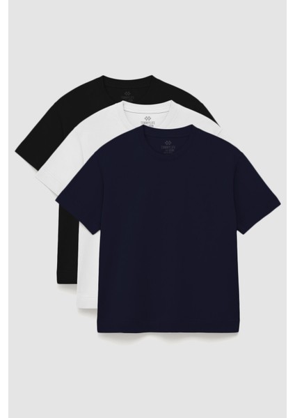 Basic O Yaka Büyük Beden 3lü Paket Siyah-Beyaz-Lacivert Erkek T-Shirt 88072