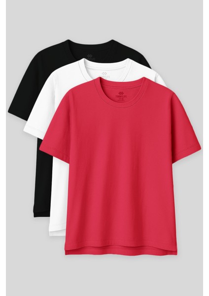 Oversize Fit Basic O Yaka 3lü Paket Siyah-Beyaz-Rose Kadın T-Shirt 97285