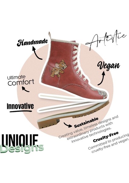 Kadın Vegan Deri Turuncu Uzun Bot - Warner Bros Tom ve Jerry Tasarım