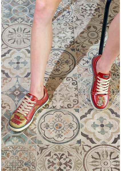 Kadın Vegan Deri Turuncu Sneakers - Warner Bros Tom ve Jerry Tasarım