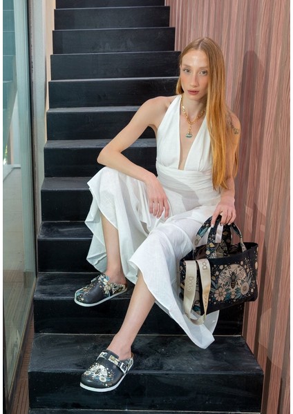 Kadın Vegan Deri Siyah Terlik - Bee With Flowers Tasarım