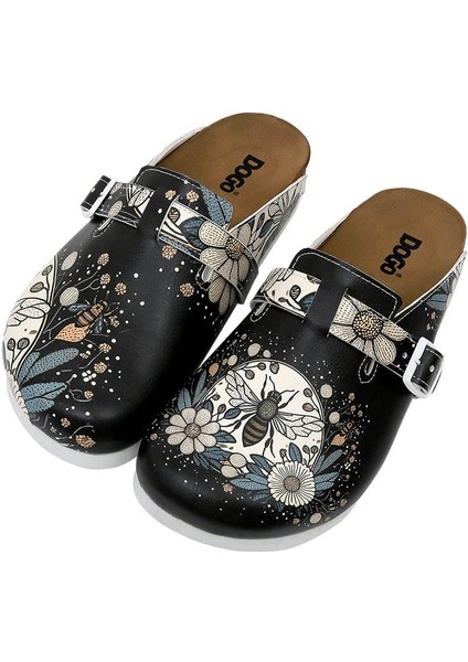 Kadın Vegan Deri Siyah Terlik - Bee With Flowers Tasarım modelleri