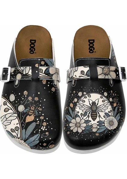 Kadın Vegan Deri Siyah Terlik - Bee With Flowers Tasarım fırsatları