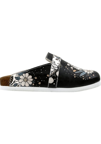 Kadın Vegan Deri Siyah Terlik - Bee With Flowers Tasarım