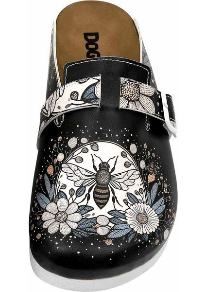 Kadın Vegan Deri Siyah Terlik - Bee With Flowers Tasarım