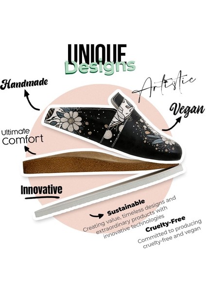 Kadın Vegan Deri Siyah Terlik - Bee With Flowers Tasarım