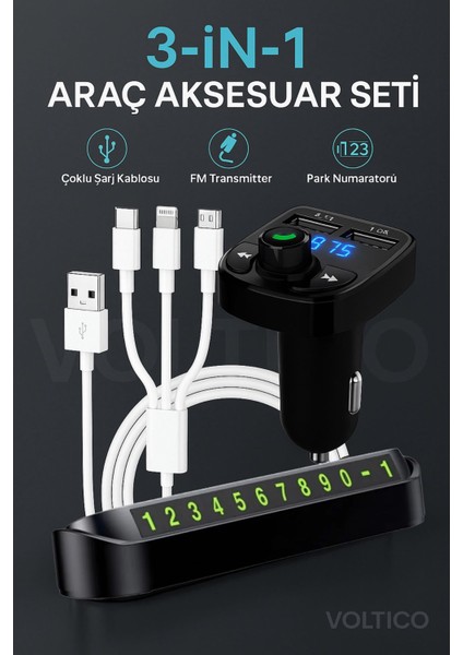 3’ü 1 Arada Araç Aksesuar Seti – Fm Transmitter + Çoklu Şarj Kablosu + Park Numaratörü