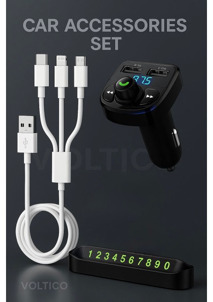 3’ü 1 Arada Araç Aksesuar Seti – Fm Transmitter + Çoklu Şarj Kablosu + Park Numaratörü fiyatları