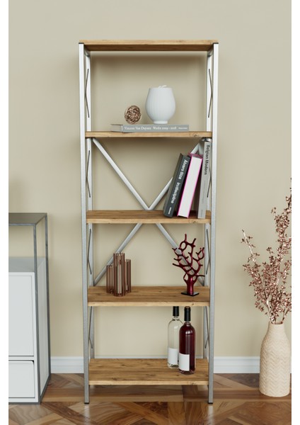 5 Raflı Metal Kitaplık Çok Amaçlı Kütüphane Salon Ofis Evrak Rafları Ahşap - Gümüş Metal fiyatları
