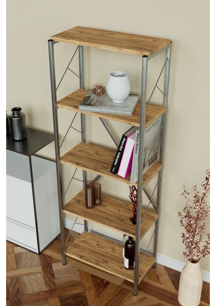 5 Raflı Metal Kitaplık Çok Amaçlı Kütüphane Salon Ofis Evrak Rafları Ahşap - Gümüş Metal modelleri