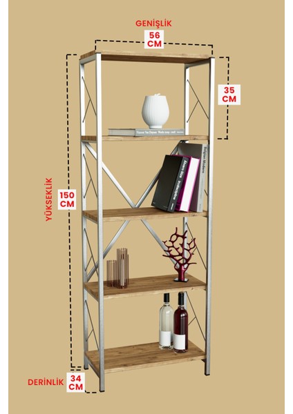 5 Raflı Metal Kitaplık Çok Amaçlı Kütüphane Salon Ofis Evrak Rafları Ahşap - Gümüş Metal fırsatları