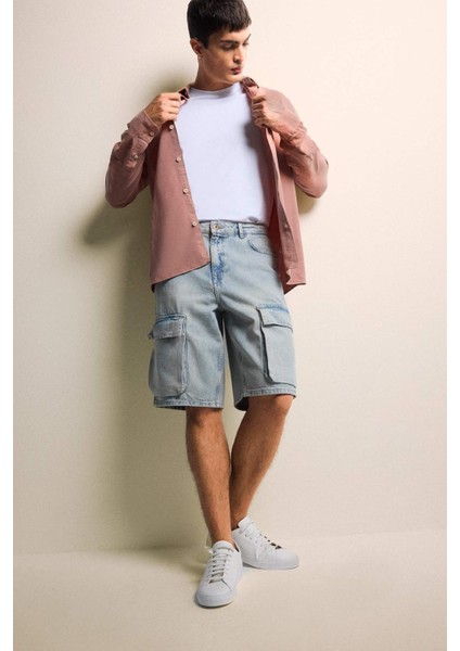 %100 Pamuk Baggy Fit Kargo Cepli Jean Bermuda Şort F5022AX25SM