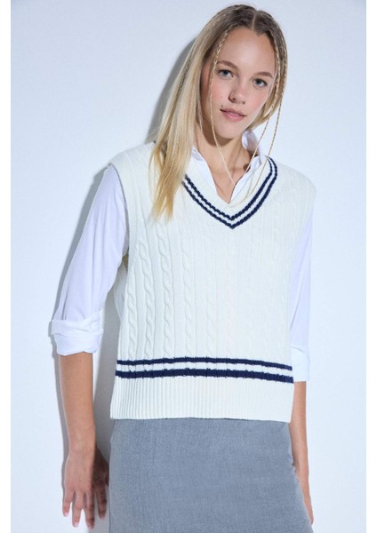 Coool Regular Fit V Yaka Saç Örgü Desenli Triko Süveter D4686AX25WN