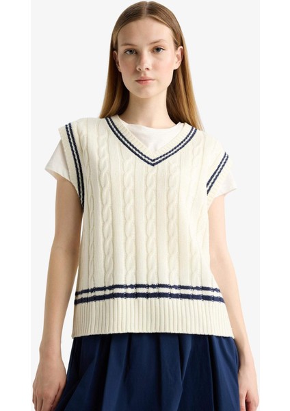 Coool Regular Fit V Yaka Saç Örgü Desenli Triko Süveter D4686AX25WN indirimleri