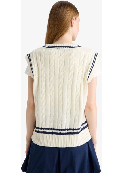 Coool Regular Fit V Yaka Saç Örgü Desenli Triko Süveter D4686AX25WN