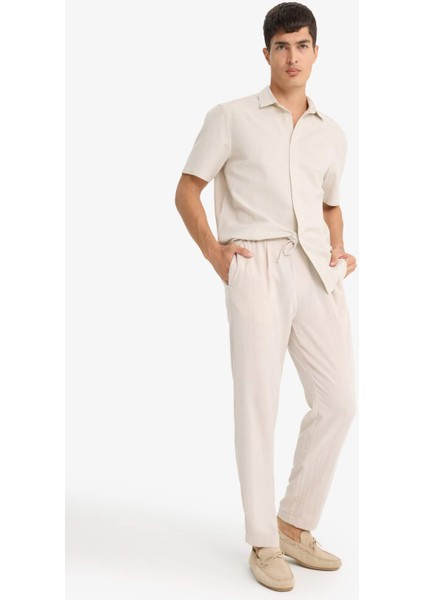 Relax Fit Kısa Paça Keten Görünümlü Beli Bağcıklı Lastikli Cepli Pantolon E4790AX25AU