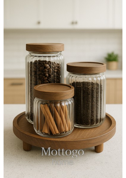 3'lü Akasya Kapaklı Kavanoz Set 500 ml / 700 ml / 1000 Ml- Standlı Baharatlık