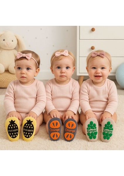 Kaydırmaz Tabanlı Bambu Bebek Çorapları | 3’lü Desenli Ananas-Portakal-Üzüm | 0-3 Yaş | Ev Için